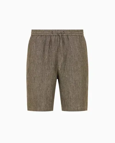 Emporio Armani Bermuda Shorts In Faded Linen With A Crêpe Texture, With Drawstring In Brown