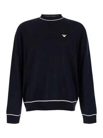 Emporio Armani Black Sweater With Logo Embroidery In Wool Woman In Blue