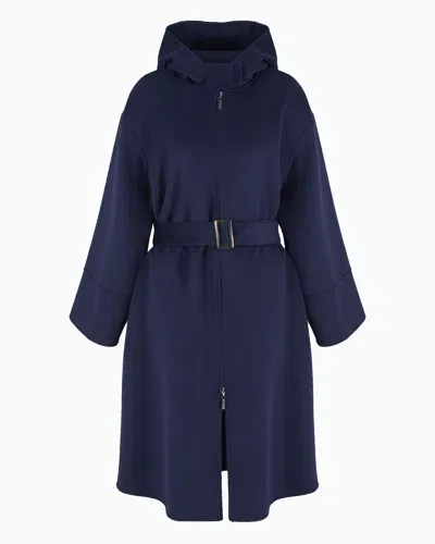 Emporio Armani Coat In Virgin Wool Beaver Fabric With Zip, Hood And Belt In Blue