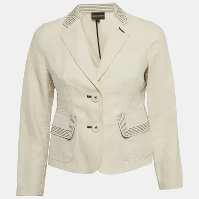 Pre-owned Emporio Armani Cream Contrast Stitch Cotton Blend Single Breasted Blazer S