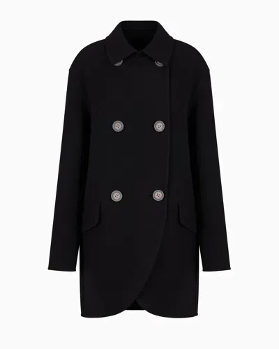 Emporio Armani Double-breasted Coat With Tulip Hem In A Virgin Wool Blend With A Textured Finish In Black