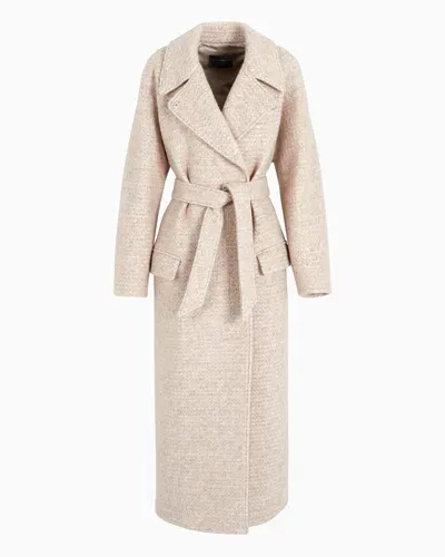 Emporio Armani Icon Long, Mélange Wool-blend Cloth, Double-breasted Coat In Beige