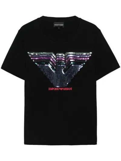 Emporio Armani Sequin-logo Organic-cotton T-shirt In Black