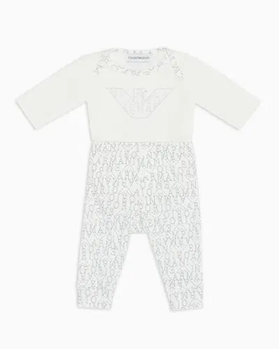 Emporio Armani Kids' Logomania Interlock Jersey Bodysuit And Trousers Gift Set In White