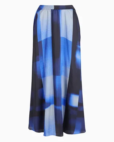 Emporio Armani Long Skirt In A Check-print Satin With Multicolour Shading In Blue