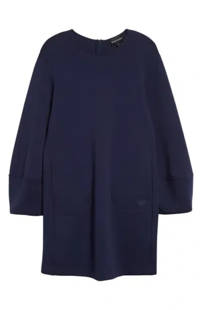 Emporio Armani Long Sleeve Cotton Blend Double Jersey Dress In Blue