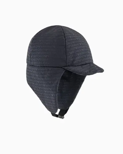 Emporio Armani Kids' Nylon Cap With Earflaps And All-over Logo Lettering In Blue