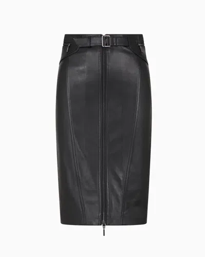 Emporio Armani Plonge Nappa Lambskin Midi Skirt In Black