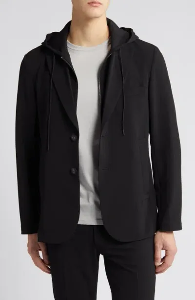 Emporio Armani Techno Stretch Blazer With Removable Hooded Bib Inset In Solid Black