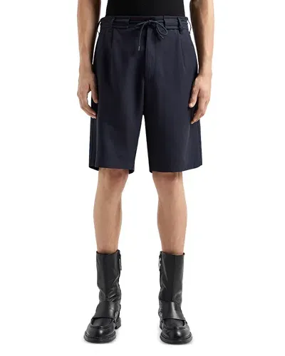 Emporio Armani Textured Regular Fit Pleated Bermuda Shorts In Blue