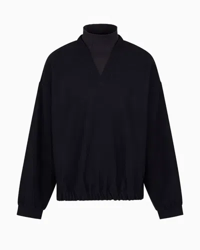 Emporio Armani Wool Cloth Sweatshirt With Knit Mock Neck In Blue