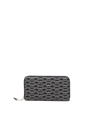 Emporio Armani Zip Around Eagle All Over Wallet In Nero-ecru