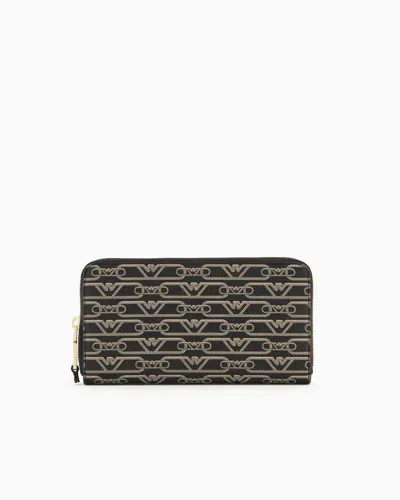 Emporio Armani Zip-around Wallet With All-over Monogram Print In Gray