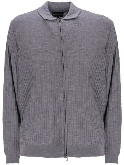 Emporio Armani Zipped Wool Cardigan In Grey