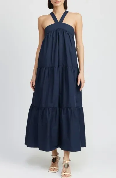 En Saison Irene Tiered Cotton Midi Dress In Navy