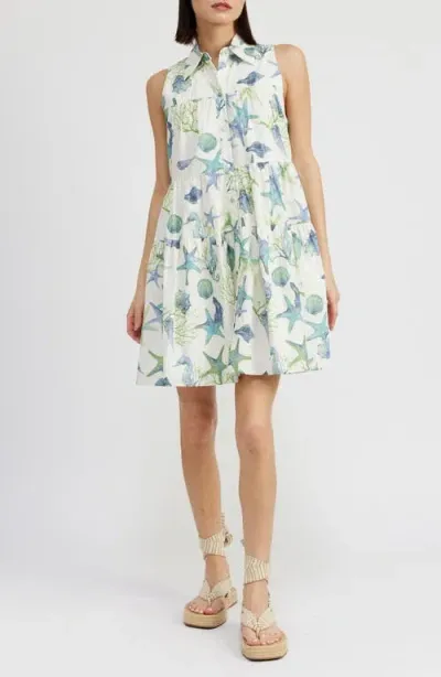 En Saison Kera Tiered Mini Shirtdress In Ivory Blue Green