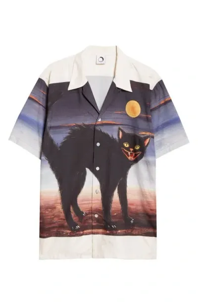 Endless Joy Cat Border Silk Crepe Button-up Shirt In Ivory Multi