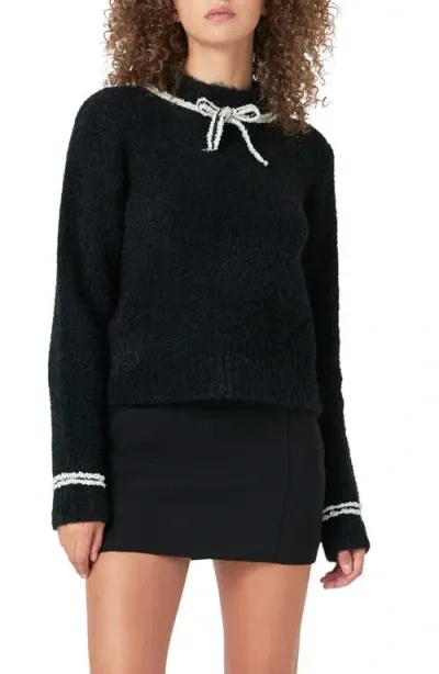 Endless Rose Bow Accent Bouclé Sweater In Black