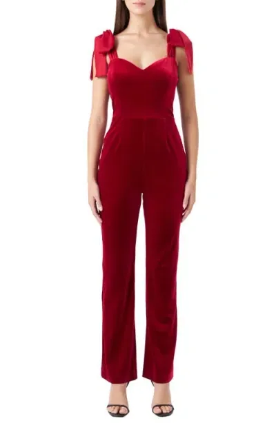 Endless Rose Bow Strap Sweetheart Neck Velvet Jumpsuit In Red