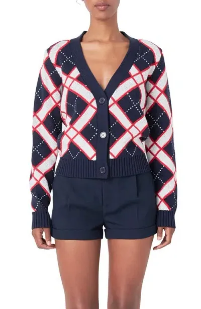 Endless Rose Diamond Pattern V-neck Cardigan In Navy Multi