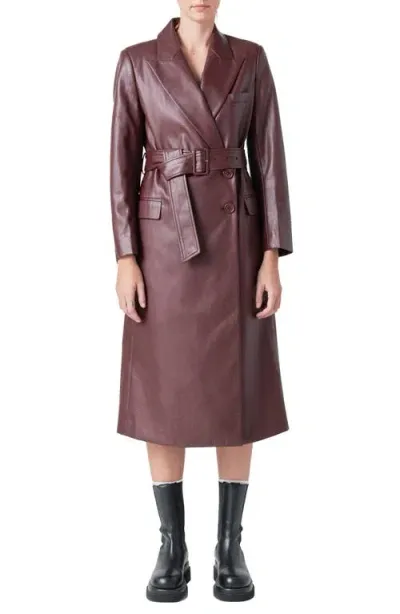 Endless Rose Faux Leather Belted Trench Coat In Burgundy