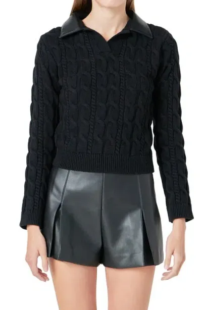 Endless Rose Faux Leather Collar Cable Sweater In Black