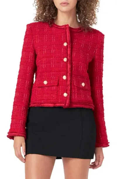 Endless Rose Fringe Trim Tweed Jacket In Red