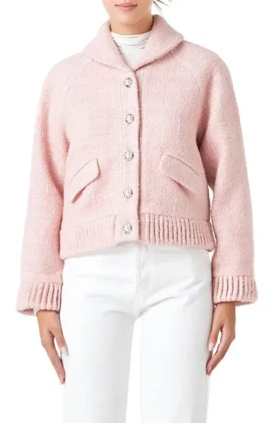 Endless Rose Button Front Cropped Tweed Jacket In Blush Pink