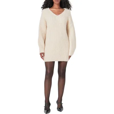 Endless Rose Oversize Long Sleeve Rib Sweater Minidress In Cream