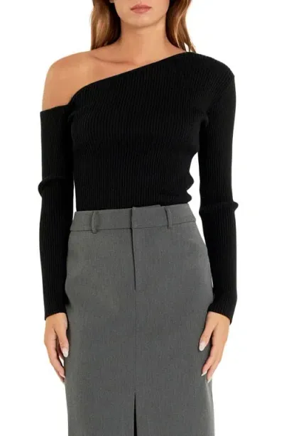 Endless Rose Ribbed One-shoulder Sweater In Black