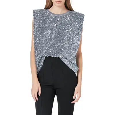 Endless Rose Sequin Padded Shoulder Velvet Top In Grey