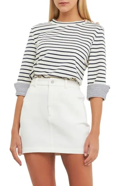 English Factory Breton Stripe Fold Cuff Top In Off White/navy