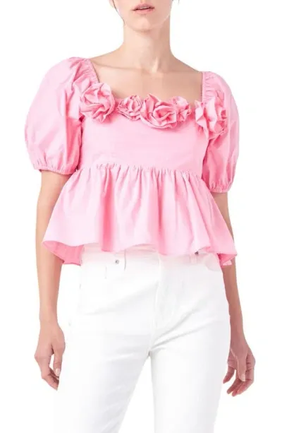 English Factory Corsage Detail Cotton Poplin Top In Pink