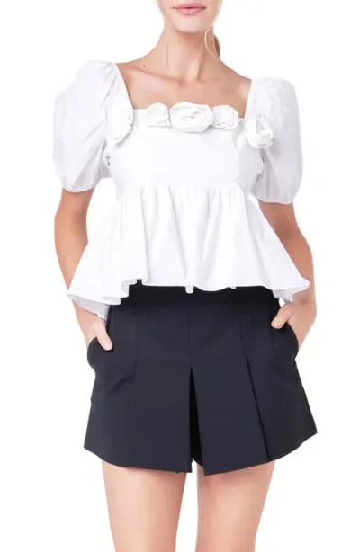 English Factory Corsage Detail Cotton Poplin Top In White