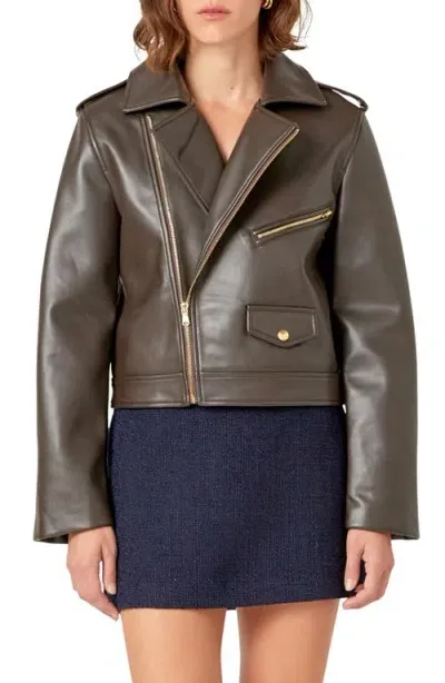 English Factory Faux Leather Biker Jacket In Dark Brown