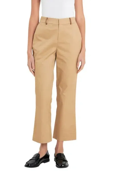 English Factory Faux Leather Trim Crop Flare Twill Pants In Tan