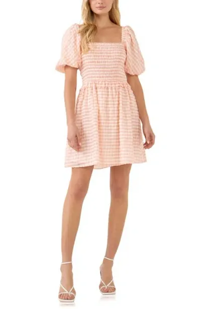 English Factory Gingham Smocked Minidress In White/coral