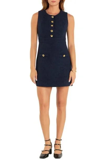 English Factory Golden Button Sleeveless Tweed Minidress In Navy