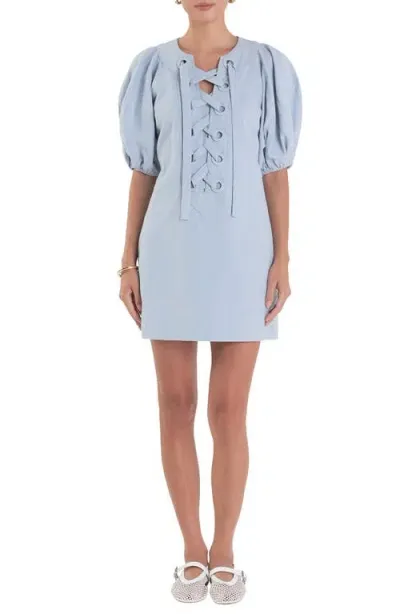 English Factory Lace-up Front Puff Sleeve Linen Blend Minidress In Powder Blue