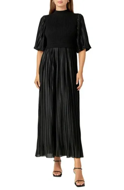 English Factory Mixed Media Pleated Dress In Black