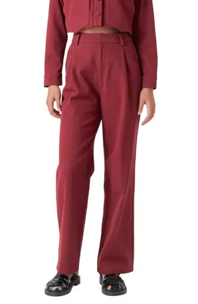 English Factory Pleated High Waist Cotton Wide Leg Pants In Burgundy