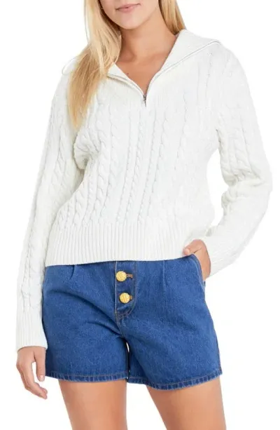 English Factory Quarter Zip Cable Knit Cotton Sweater In Ivory