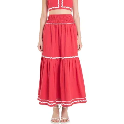 English Factory Rickrack Linen Blend Maxi Skirt In Red