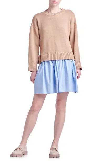 English Factory Side Tie Twofer Dress In Tan/powder Blue