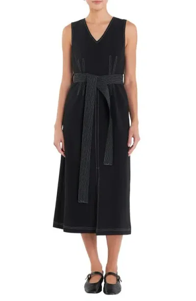 English Factory Stitch Detail Tie Belt Dress In Black