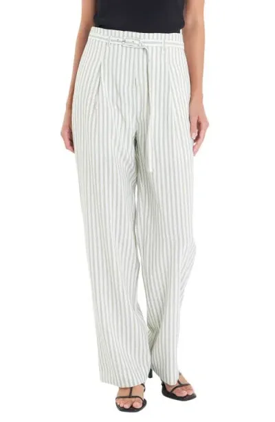 English Factory Stripe Belted High Waist Pants In Off White/green