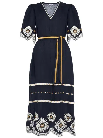 Eres Hortense Floral-embroidered Linen Dress In Blue