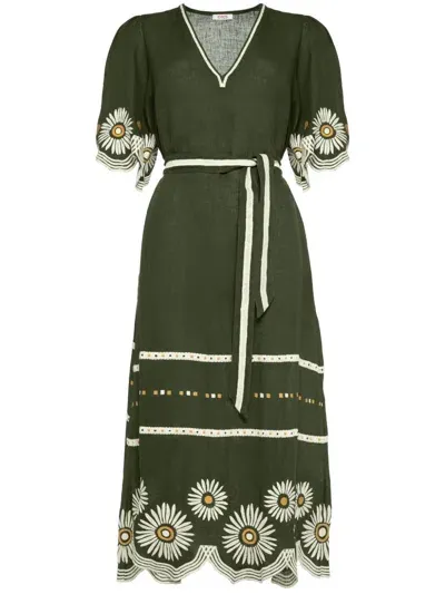 Eres Hortense Floral-embroidered Linen Dress In Green