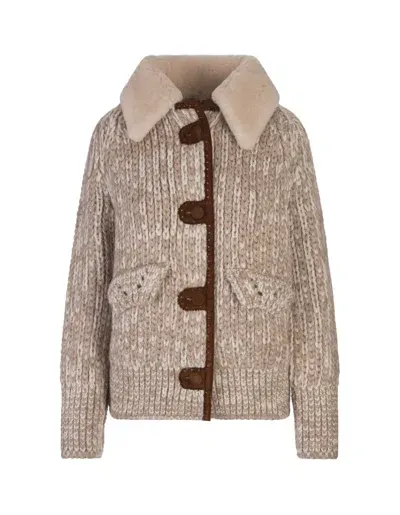 Ermanno Scervino Beige Knitted Bomber Jacket With Shearling Collar In Brown