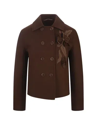 Ermanno Scervino Brown Double-breasted Jacket With Floral Embroidery